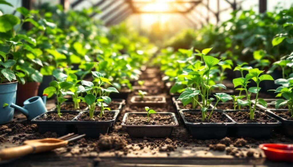 Semis de mars 2026 : aubergine, concombre et poivron démarrent sous serre avant la pleine terre