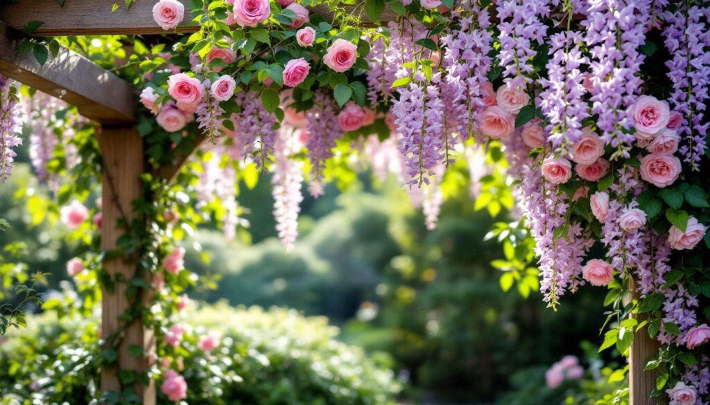 Rosier grimpant et glycine : habiller une pergola du jardin avec des plantes à floraison longue