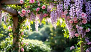 Rosier grimpant et glycine : habiller une pergola du jardin avec des plantes à floraison longue