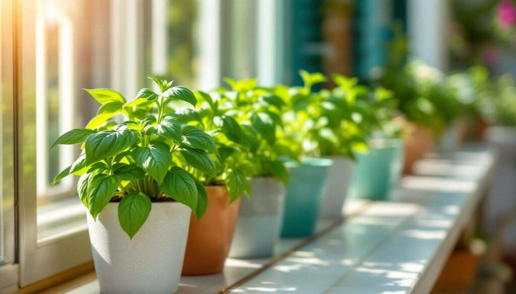 Basilic en pot de fleurs : cette plante aromatique produit tout l'été sur un balcon ensoleillé