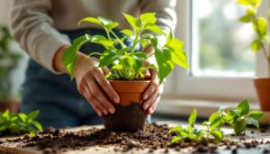 Plante d'intérieur en pot de fleurs : le rempotage de printemps dans un terreau neuf relance la croissance