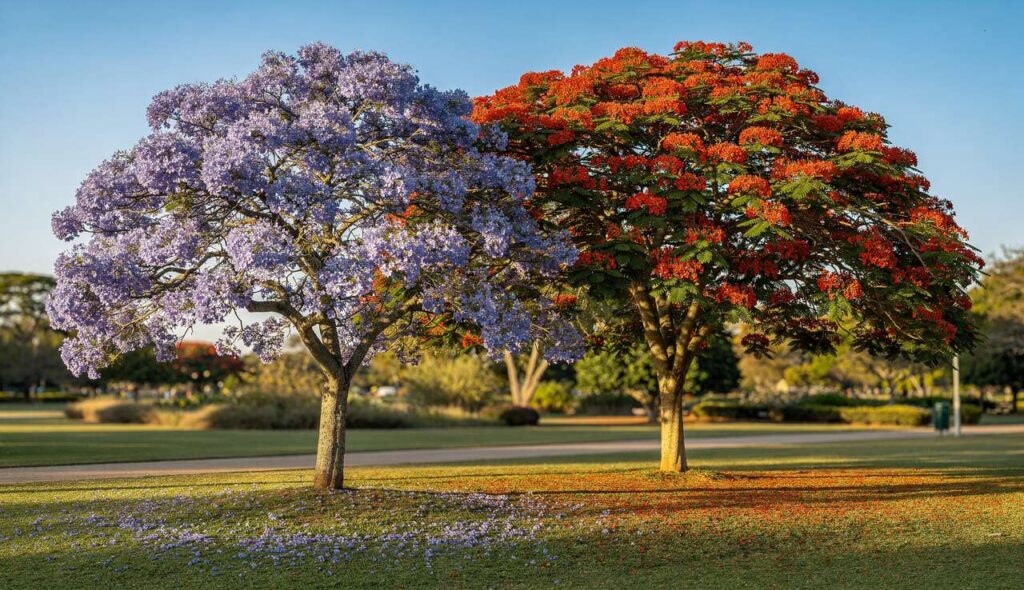 Jacaranda et flamboyant : comment repérer la différence entre ces deux arbres à la floraison remarquable